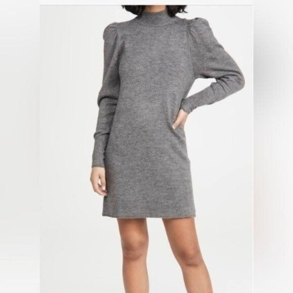 WAYF Lola Gray Long Sleeve Sweater Dress Mock Neckline Puff Sleeve Size L